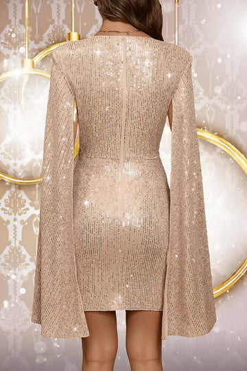 Sparkly Bodycon Round Neck Apricot Cocktail Dress